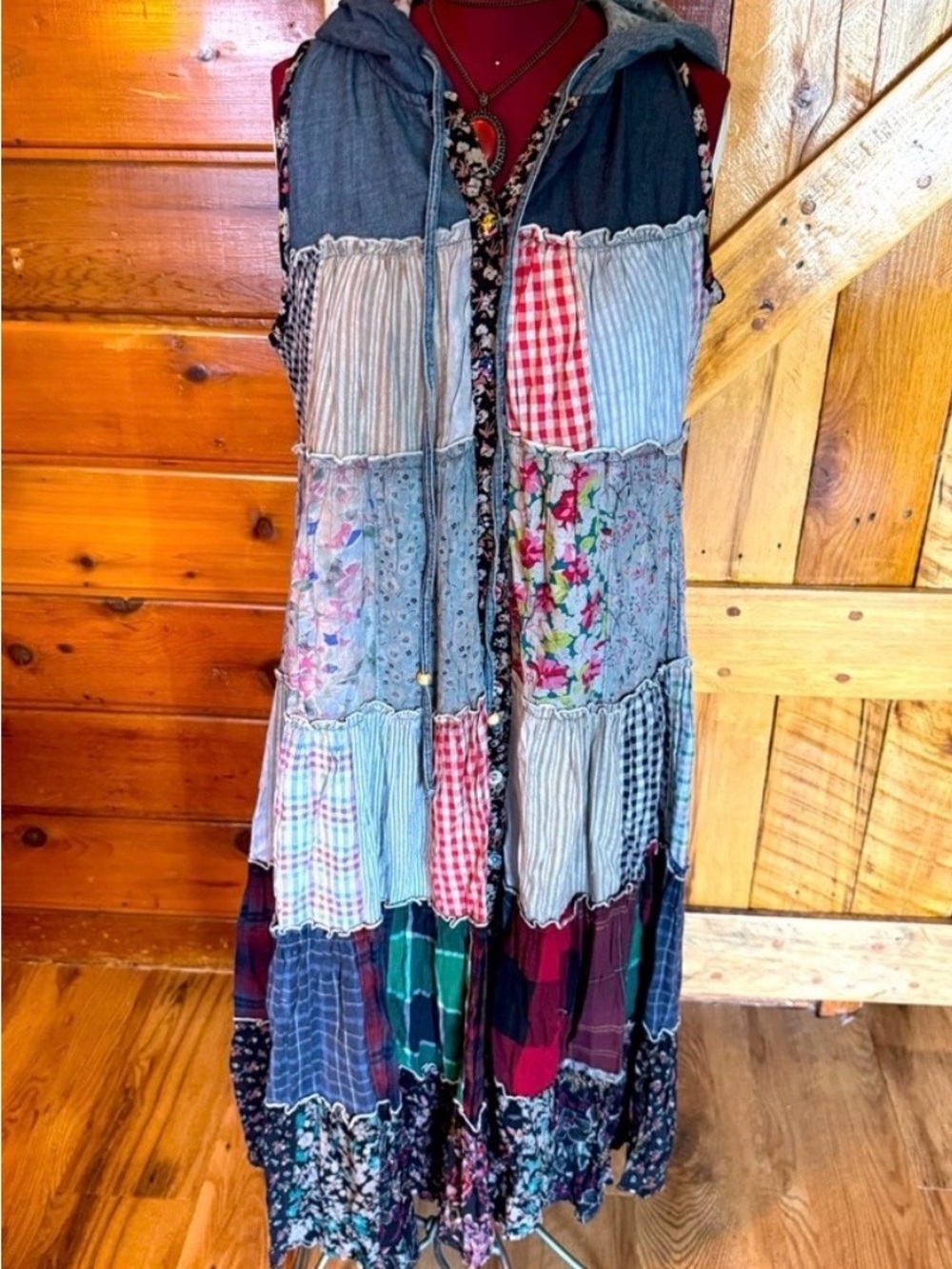 YOUNG THREADS NWT Boho Patchwork Midi Dress with Hood - Multicolor